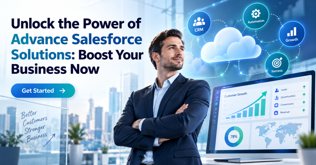 Business professional with Salesforce CRM, automation, growth, and analytics icons, promoting advanced Salesforce solutions to boost business performance.