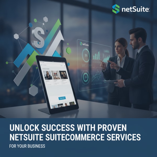 NetSuite SuiteCommerce services for businesses, featuring eCommerce technology, analytics dashboards, and professionals reviewing digital business performance.
